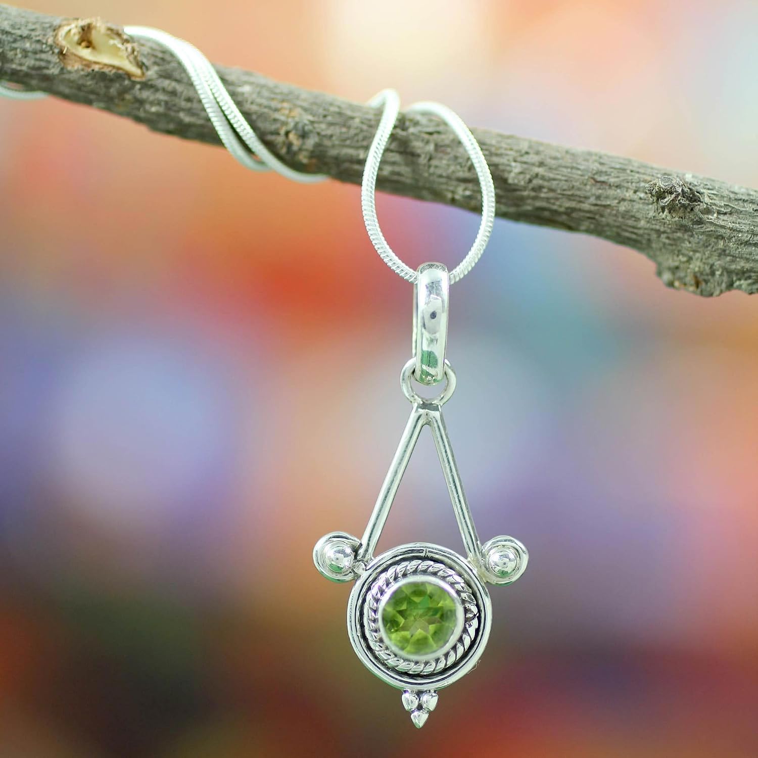 NOVICA Artisan Handmade Peridot Pendant Necklace .925 Sterling Silver Modern Indian Jewelry Green Birthstone 'Chennai Promise'