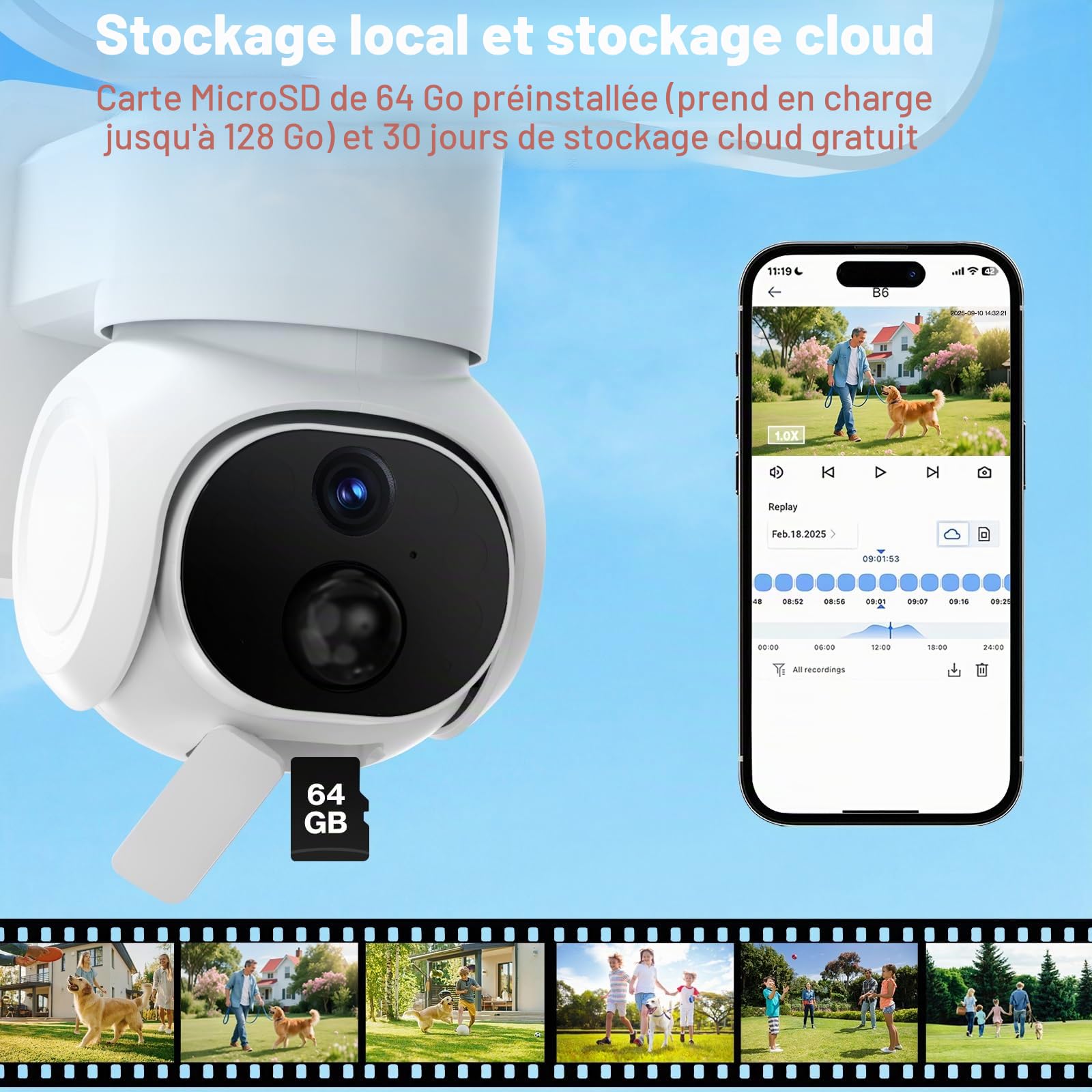 Cadrim 2K Camera Surveillance WiFi Exterieure sans Fil Solaire avec MicroSD 64 Go, 2.4GHz Camera Exterieur avec Panneau Solaire,360° PTZ,Vision Nocturne Couleur, Audio Bidirectionnel, PIR Sirène, IP65