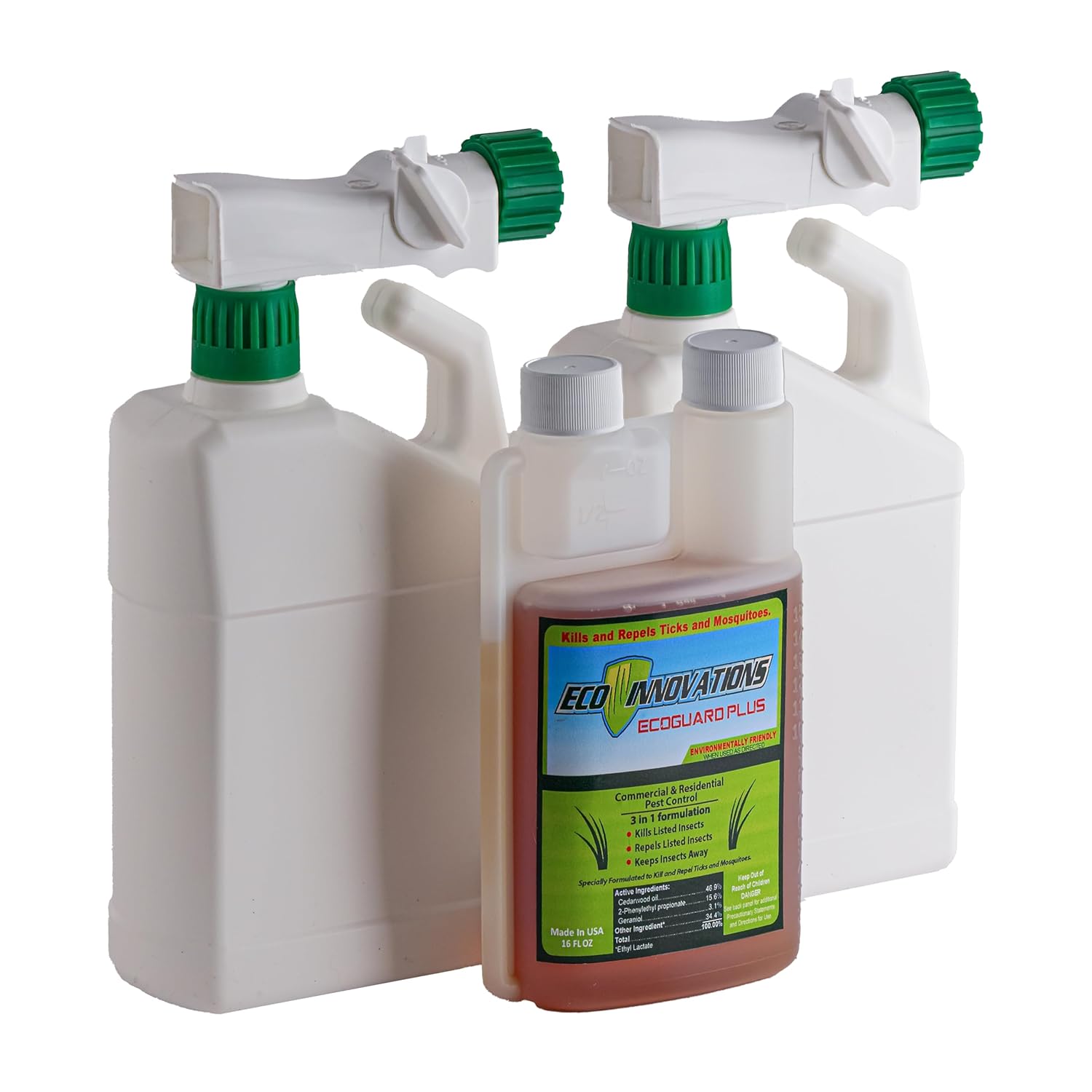 Outdoor Yard Defense Bundle – Plant-Based Mosquito & Tick Deterrent Spray (16 oz) with 2-Pack Hose-End Refillable Sprayer Bottles, Lawn & Garden Application System