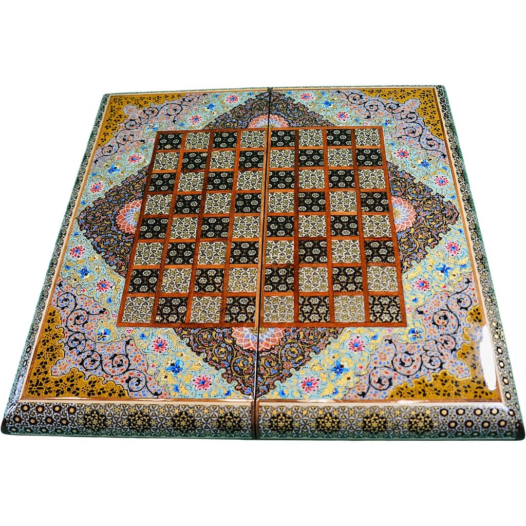 Collection d'échecs de backgammon en bois fait à la main en marqueterie peinte à la main avec étui de protection, dés et pions en bois 50 x 50 cm, 3,5 kg (motif floral premium 13)
