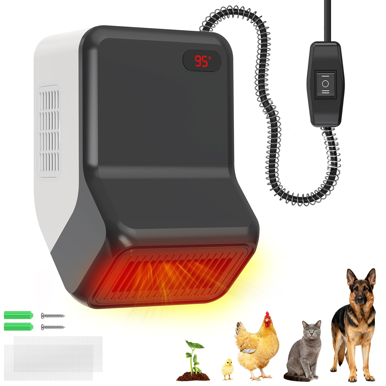 Dog House Heater with Thermostat for Small Chicken Coop, Electric Pet Heater for Outside Dog Cat House, Safe Winter Warmer with PTC Heating, Overheat Protection, Chew-Proof Cord, 95-100.4°F, 300/600W