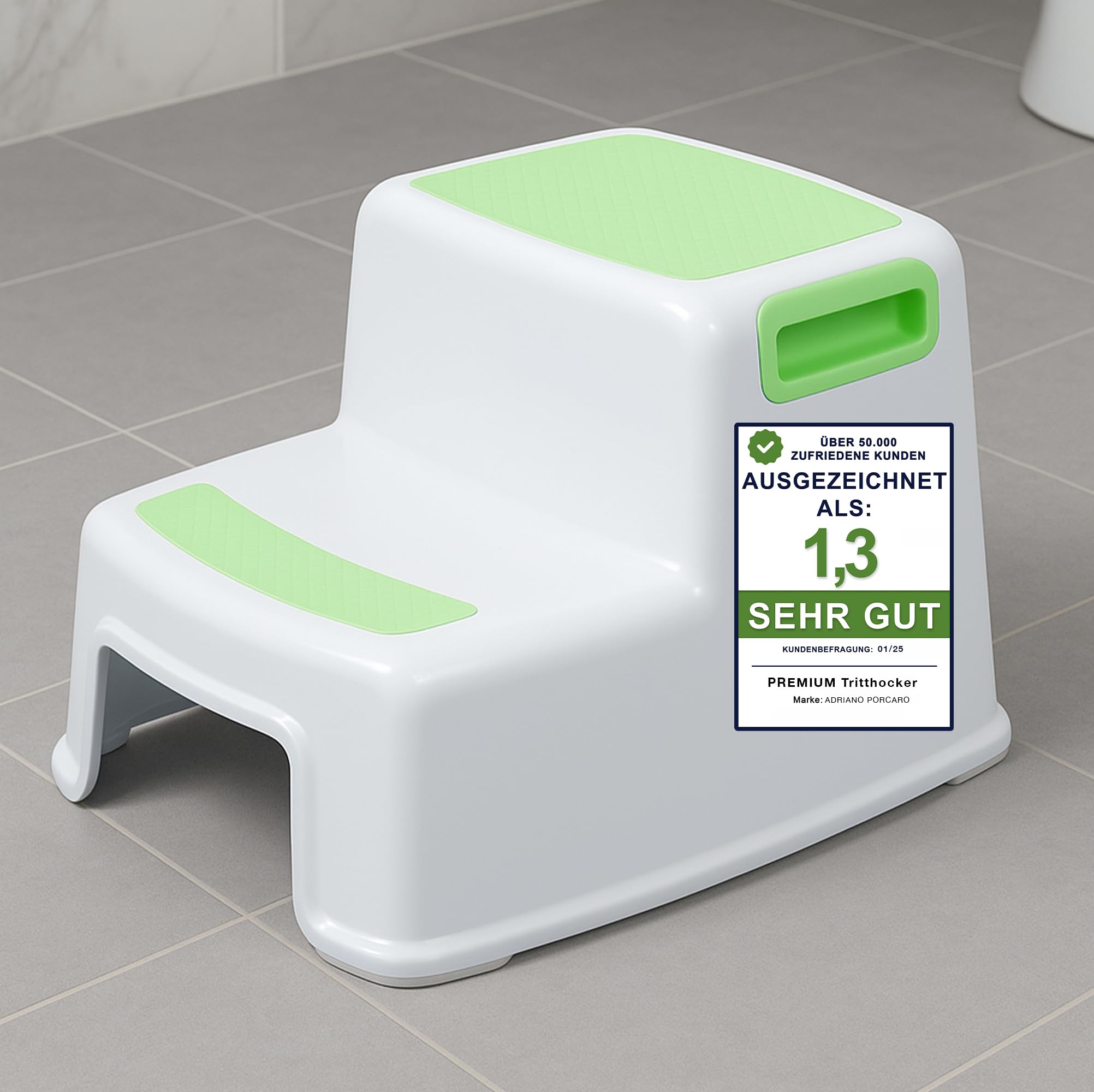 ADRIANO PORCARO® I Tritthocker Kinder I 2-Stufig Hocker I 26cm Hoch I Belastbarkeit 80kg I Gummierte Trittfläche I Hocker Kinder Bad mit Tragegriffe I Für Erwachsene, Senioren I Grün