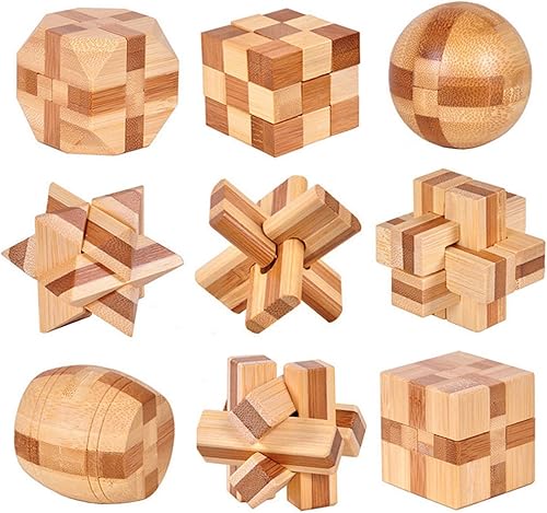 VolksRose Juego de 9 rompecabezas de madera para el cerebro, IQ Challenge Puzzle Games, Logic Smart Mind Puzzle Box Lock Toy Removing Assembling 3D