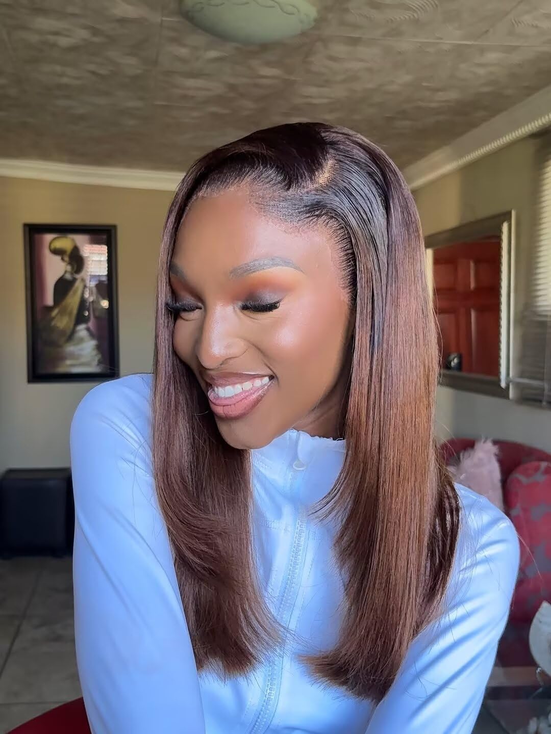 Layered Cut Straight Human Hair Lace Front Wig #1B/30 Ombre Color M Shaped Logos Hairline Real Skinlike HD 13X4 Full Lace Frontal Wig Ombre Brown Brazilian Remy Hair Wigs Bleached Knots 18Inch