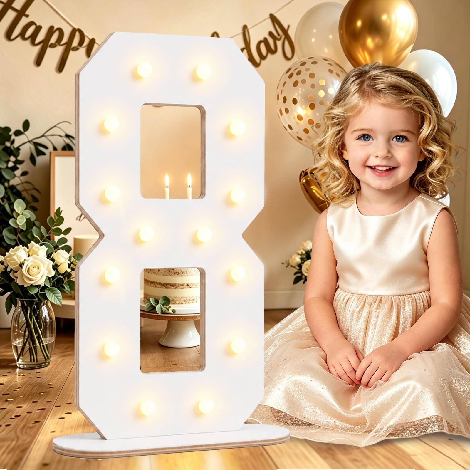 44CM White Wooden Light Up Numbers 8, 8th Birthday Decor for Boys Girls — image 1