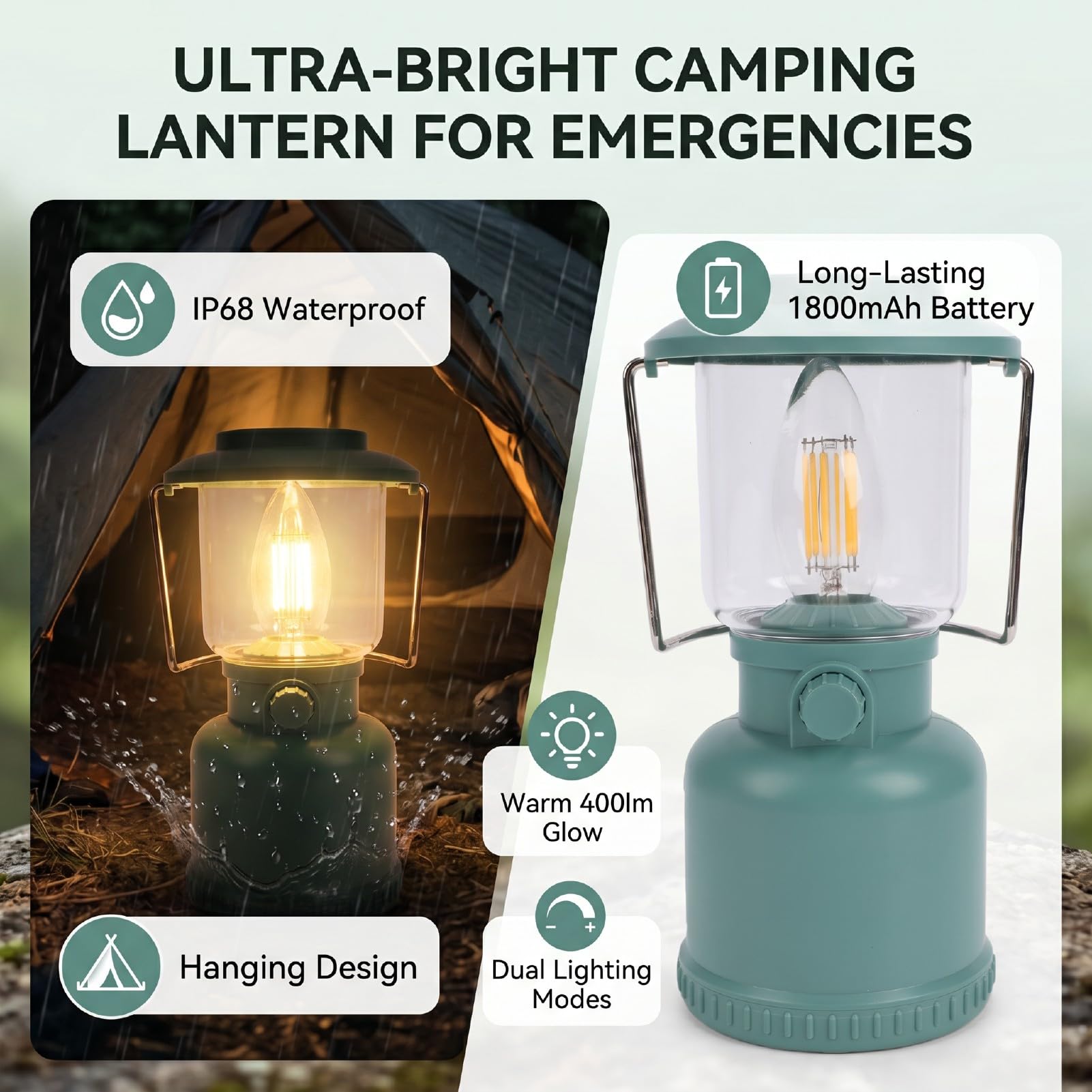 Lanterna da Campeggio a LED, Portatile Vintage Appesa, 400LM