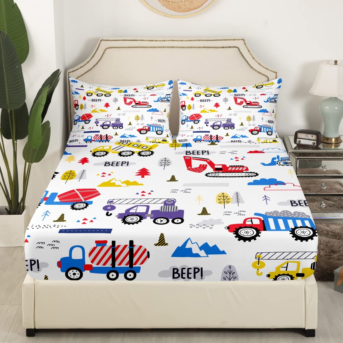 Kids Construction Truck Sheet Set Twin Size Boys Cartoon Cars Toddler Bedding Set Machinery Excavator Tractor Equipment Bed Sheets Set 3PCs Cute Vehicles Red Blue Yellow Quilt Set with 1 Pillowcase