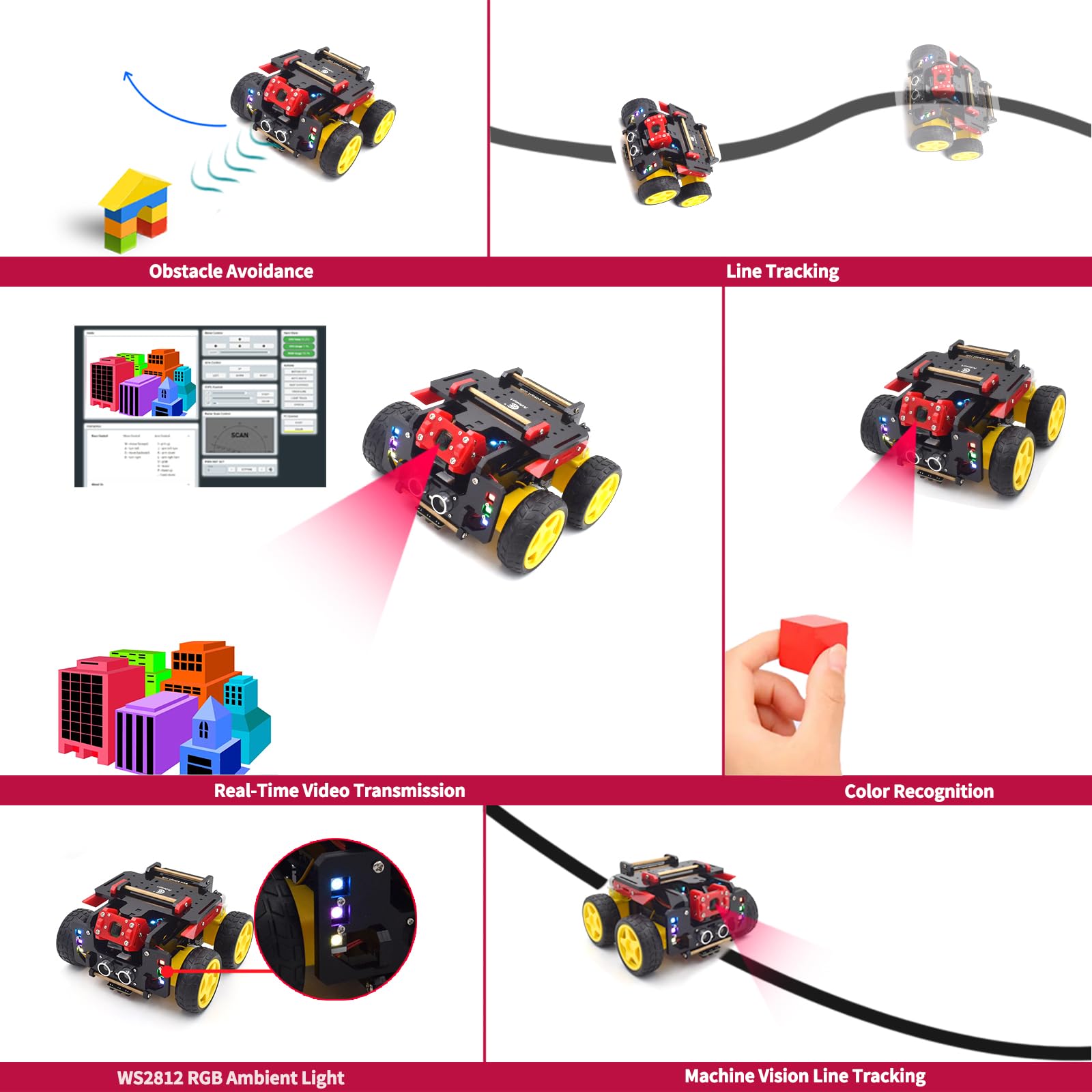 Adeept AWR 4WD Smart Robot Car Kit per Raspberry Pi 5/4B/3B/3B+(scheda non inclusa), Line Tracking, Evitamento ostacoli, servomotore, ricarica USB-C, OpenCV Python DIY Robotics