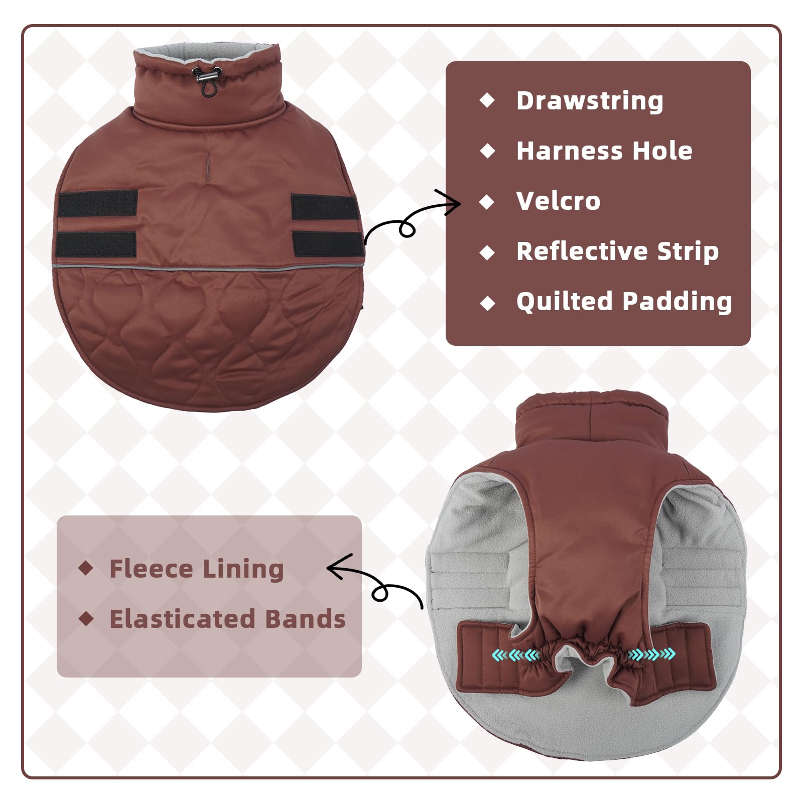 Manteau Petit Chien Chaud Hiver Résistant à l'eau Velcro Doudoune Petite Taille pour Yorkshire Bichon Jack Russel Brun Rougeâtre