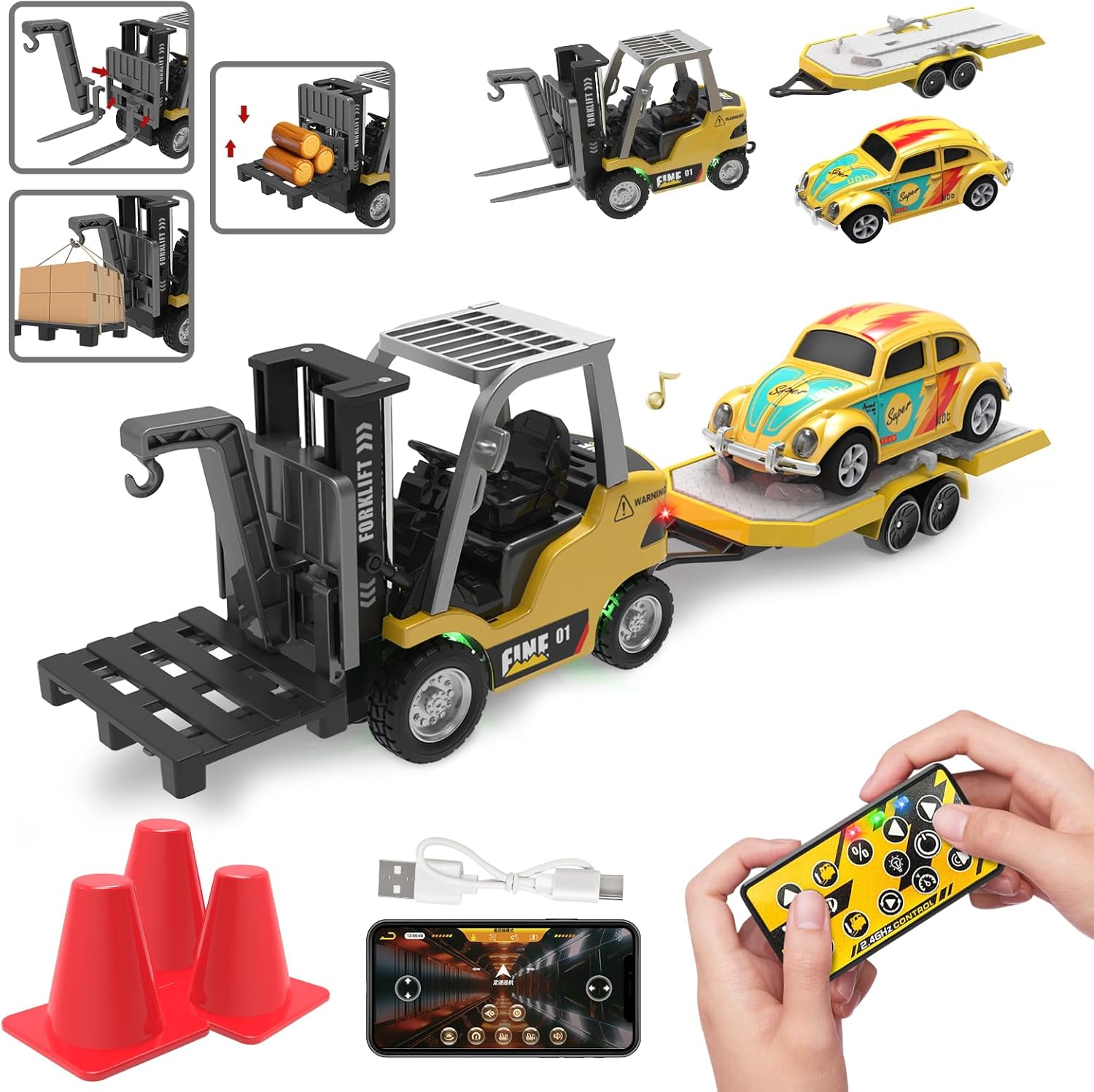 1/64 RC Forklift Toy,Toys for 6 7 8 9 Year Old Kids Boys,2 in 1 Transformable Lift Fork & Hook with Lights & Sounds,Remote Control Car with Trailer,RC Construction Toys Kids Gifts