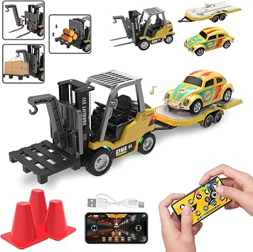 1/64 RC Forklift Toy,Toys for 6 7 8 9 Year Old Kids Boys,2 in 1 Transformable Lift Fork & Hook with Lights & Sounds,Remote Control Car with Trailer,RC Construction Toys Kids Gifts