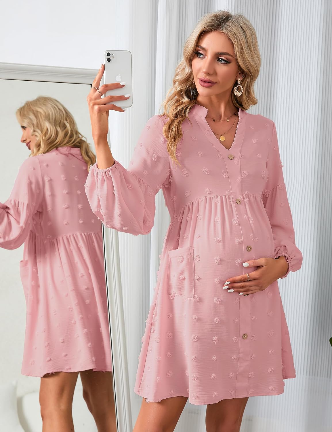 KOJOOIN Women's Maternity Swiss Dot Dress V Neck Long Sleeve Button Down Mini Dress Baby Shower Photoshoot with Pockets