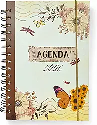 Agenda Diária 2026, 16 x 12 cm, Capa Dura, 168 Folhas, Espiral com Elástico, Planejamento Completo (Flor e Borboleta)