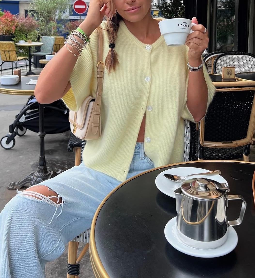 KMBANGI Women Knitted Cropped Blouse Short Sleeve Button Knit Shirt Crop Cardigan Y2k Open Front Knitwear Tops Dressy - Image 3