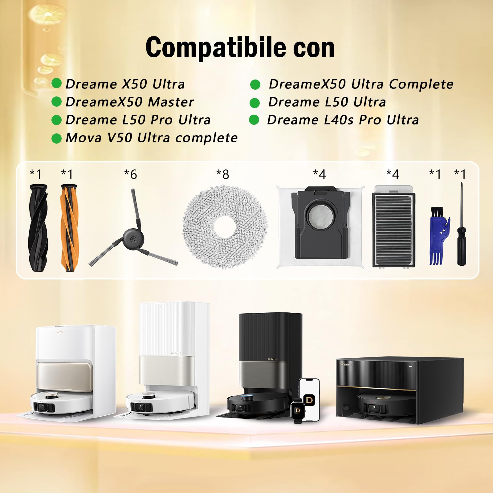 LOVOBO 26 Pezzi Accessori per Dreame X50 Ultra Complete/Master/L50 Pro Ultra/L40s Pro Ultra/Mova V50 Ultra Complete Aspirapolvere, Spazzola Principale, Filtri Hepa, sacchetti per la polvere, Panni Mop