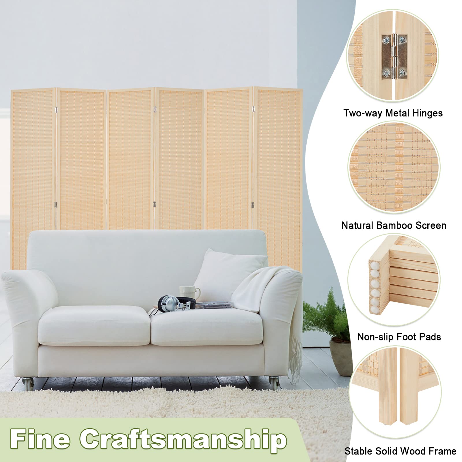 Buy HADDOCKWAY HighQuality 6 Panel Bamboo Room Divider Wall 6FT Tall Folding Privacy Screens