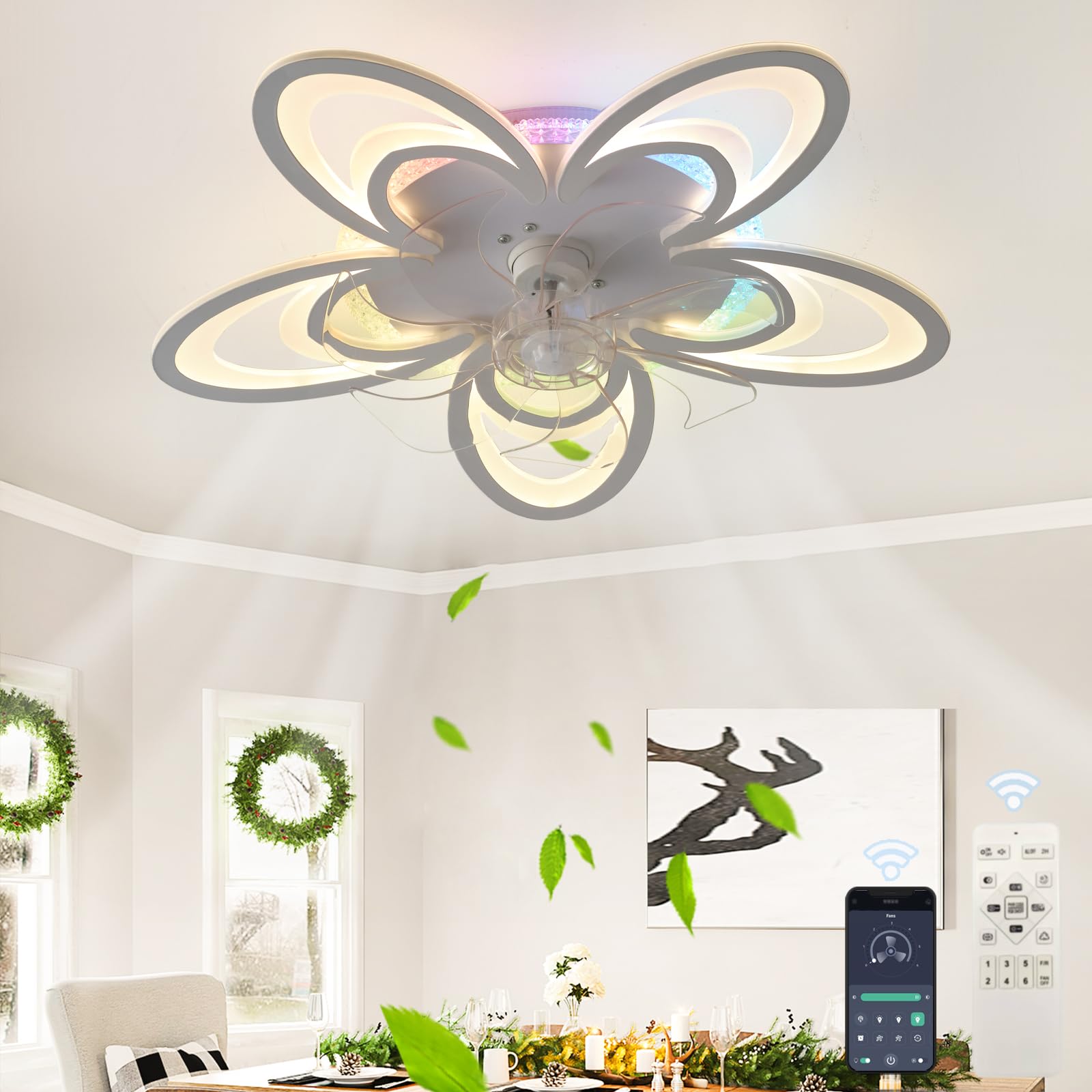 HXYSXHJUO Silent Ceiling Fans with Lights RGB, 6 Air Speed Reversible, Smart Fan Lamp Remote/APP for Living Room Bedroom Lounge, Dimmable Light Ceilng