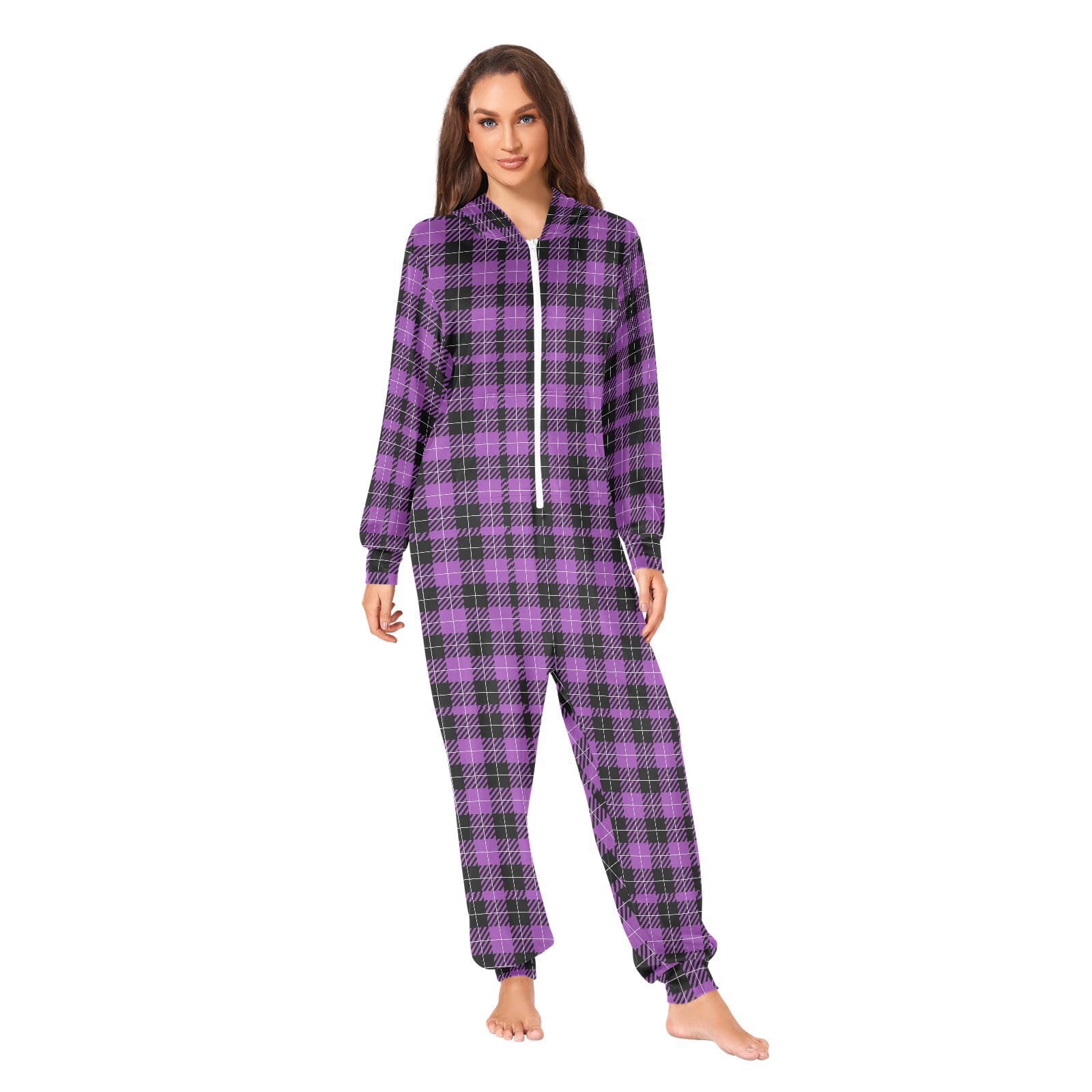 Einteiliger Schlafanzug für Erwachsene, Unisex, für Damen und Herren, violettes Karomuster, lustiges Kapuzen-Kostüm, Pijama de una pieza, Größe M