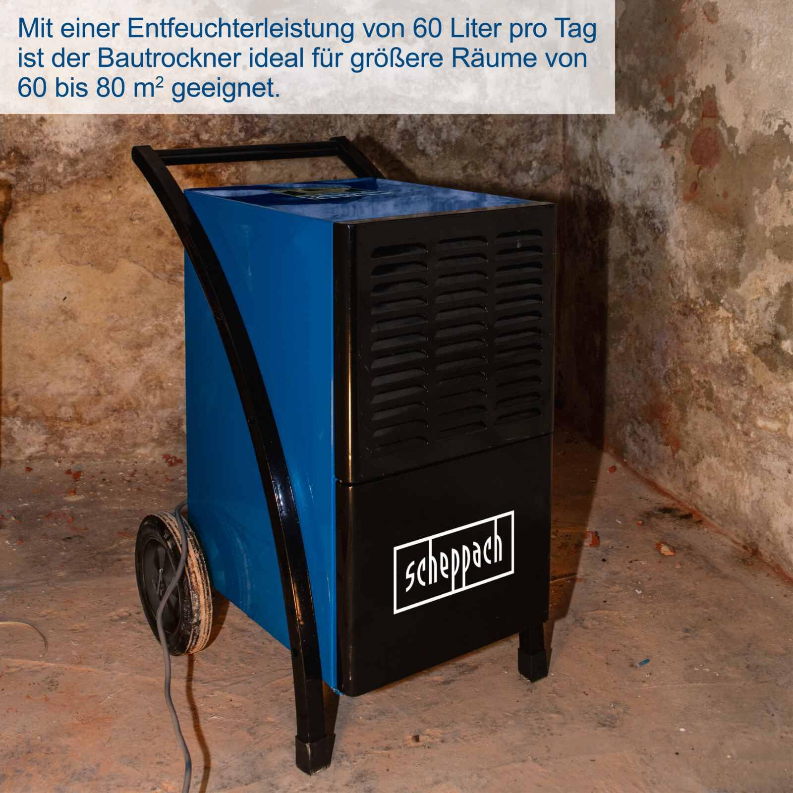Scheppach Bautrockner BTR6500 Luftentfeuchter | bis zu 60L pro Tag | für Raumgrößen 60-80 m² | 1050W Leistung & LCD Display | Auto-Stopp bei vollem Behälter (6L) | Raumentfeuchter Baustellentrockner