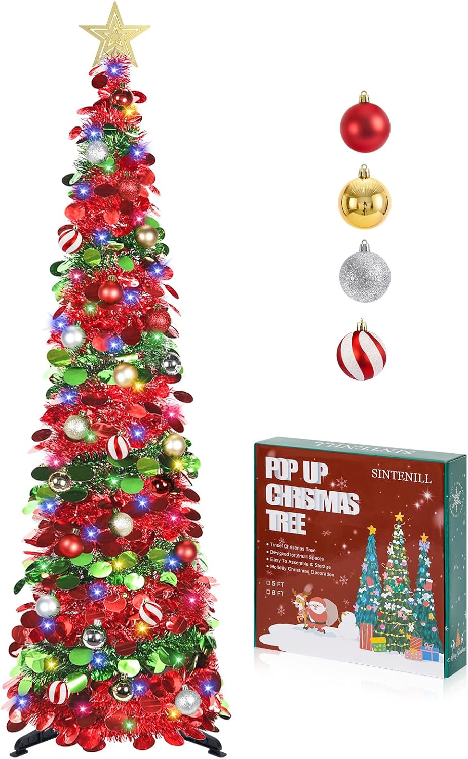 SINTENILL 5 FT Pop Up Christmas Tree with Timer Lights and Decorations, Red Green Christmas Tinsel Tree with 24 Ball Ornaments, Pencil Tree Collapsible Christmas Tree for Home, Apartment, Office SINTENILL 5 FT Pop Up Christmas Tree with Timer Lights and Decorations, Red Green Christmas Tinsel Tree with 24 Ball Ornaments, Pencil Tree Collapsible Christmas Tree for Home, Apartment, Office