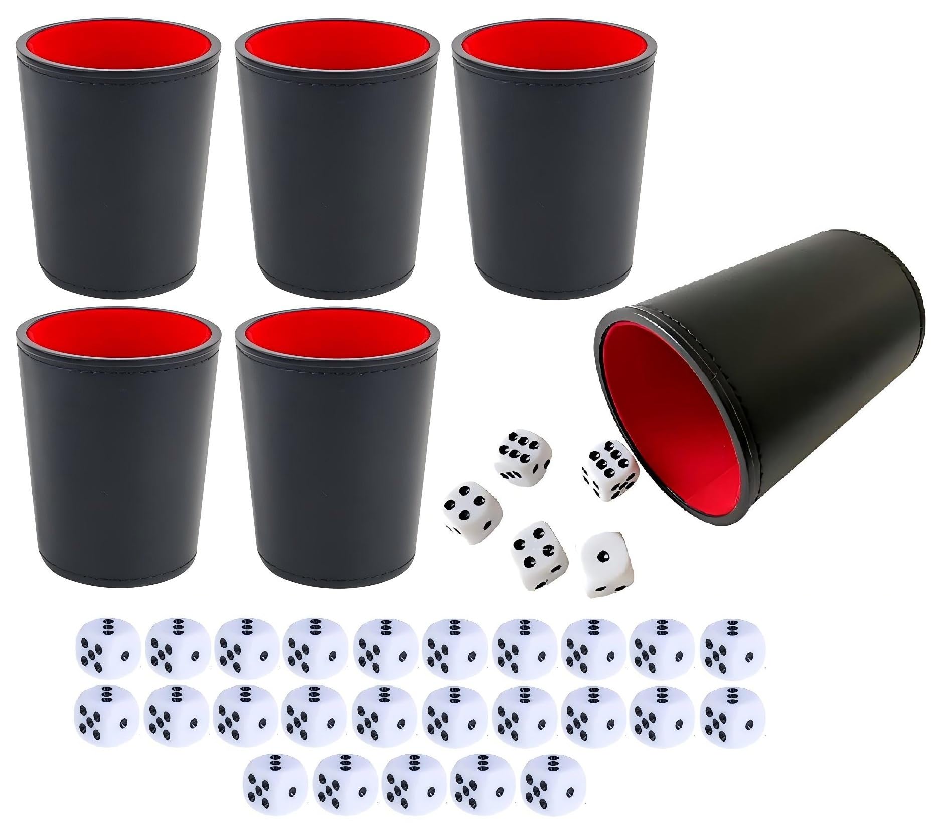 Leather Dice Cup, Quite Felt-Lined Interior, 6 Shaker Cups and 30 Dot Dices, one Carry Bag (Black and Red)