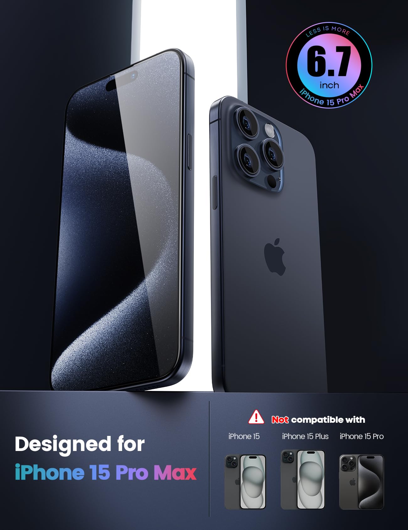 Lamicall Vetro Temperato per iPhone 15 Pro Max, [2 Pezzi] Pellicola Protezione Schermo Anti-Graffio, Durezza 9H, Anti-impronte, Ultra Trasparente, Senza Bolle, con Strumenti di Installazione Facile