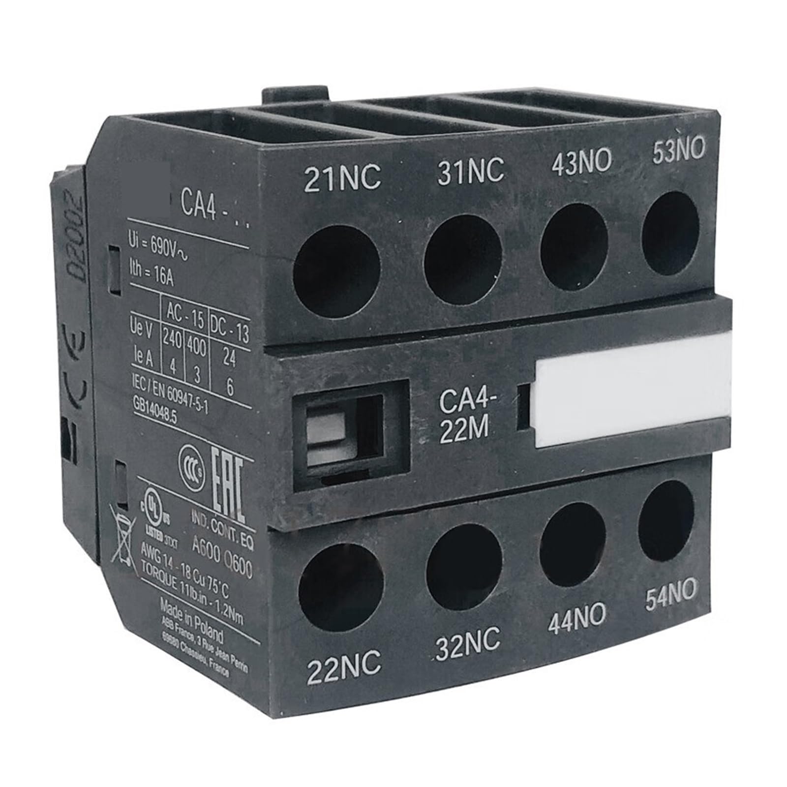 Contact auxiliaire CA4-22M à quatre circuits pour optimiser la commande