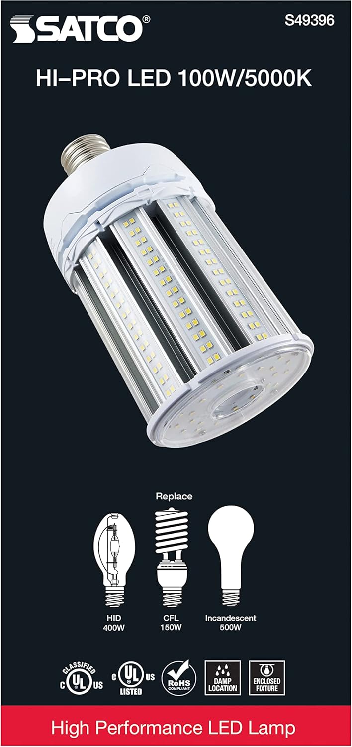 Satco S49396 Corncob LED HID Replacement Light Bulb, EX39 Mogul Extended Base, 100W, 5000K, Natural White, Non-Dimmable