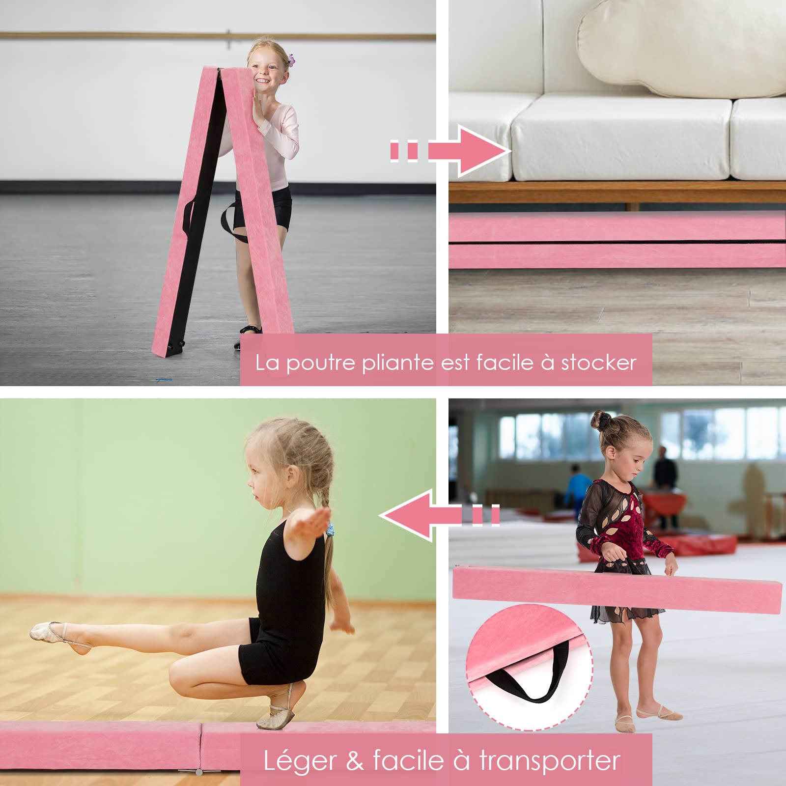 GYMAX Poutre Gymnastique pour Enfant, Poutre d'Équilibre Pliable 210CM, Portable, Robuste en Bois Massif, avec Patins Antidérapant & Surface Douce, Transport Facile, pour Danse/Fitness (Rose)