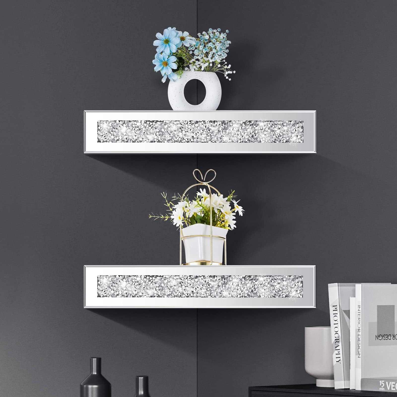 DEENZ Conner Shelf Crushed Diamond Mirrored Decorative Wall Shelf Triangle Corner Wall Shelves Crystal Glass Silver Mirror Home Decor Bedroom Living Room (2)
