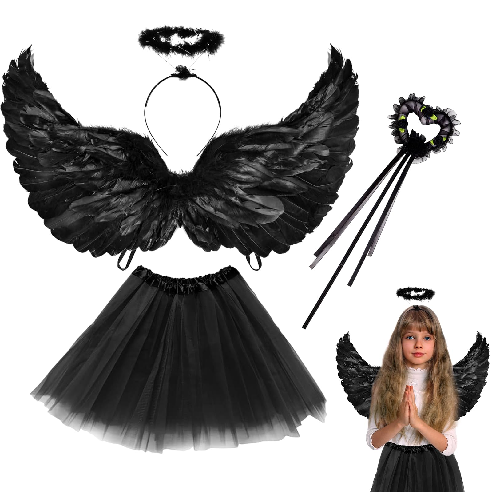 SPHERETRON Disfraz de ángel de Halloween, disfraz de ángel con vuelos de ángel, aureola, varita mágica, falda de ángel para niños, disfraz de ángel para carnaval, fiesta, cosplay, etc.