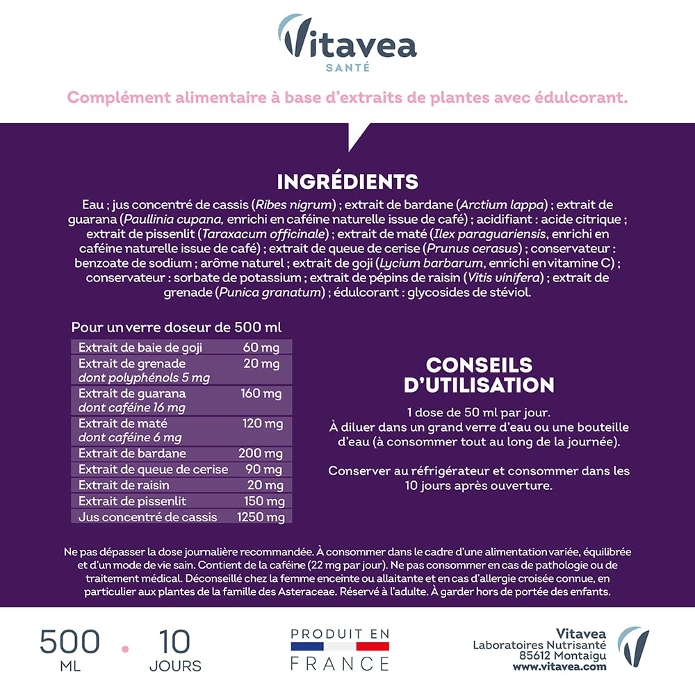 Manhaé - Draineur Expert - Draineur, Détox, Perte de Poids - Guarana, Baie de Goji, Grenade, Bardane, Queue de Cerise - 500ml - 10 jours - Saveur Cassis - Fabriqué en France - Vitavea (Lot de 2)
