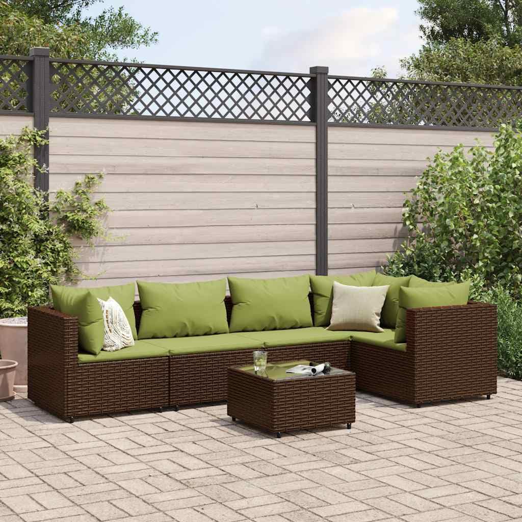 6-Piece Brown Patio Lounge Set with Green Cushions, Modular Outdoor Furniture with Thick Cushions, Durable UV-Resistant Poly Rattan Design for Garden, Balcony, or Terrace