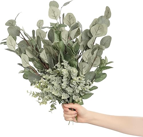 Ling's Moment Plantas artificiales, 3 ramos de ramas de hojas de eucalipto, 19 piezas de relleno de vegetación falsa colgante de 17.5 pulgadas de