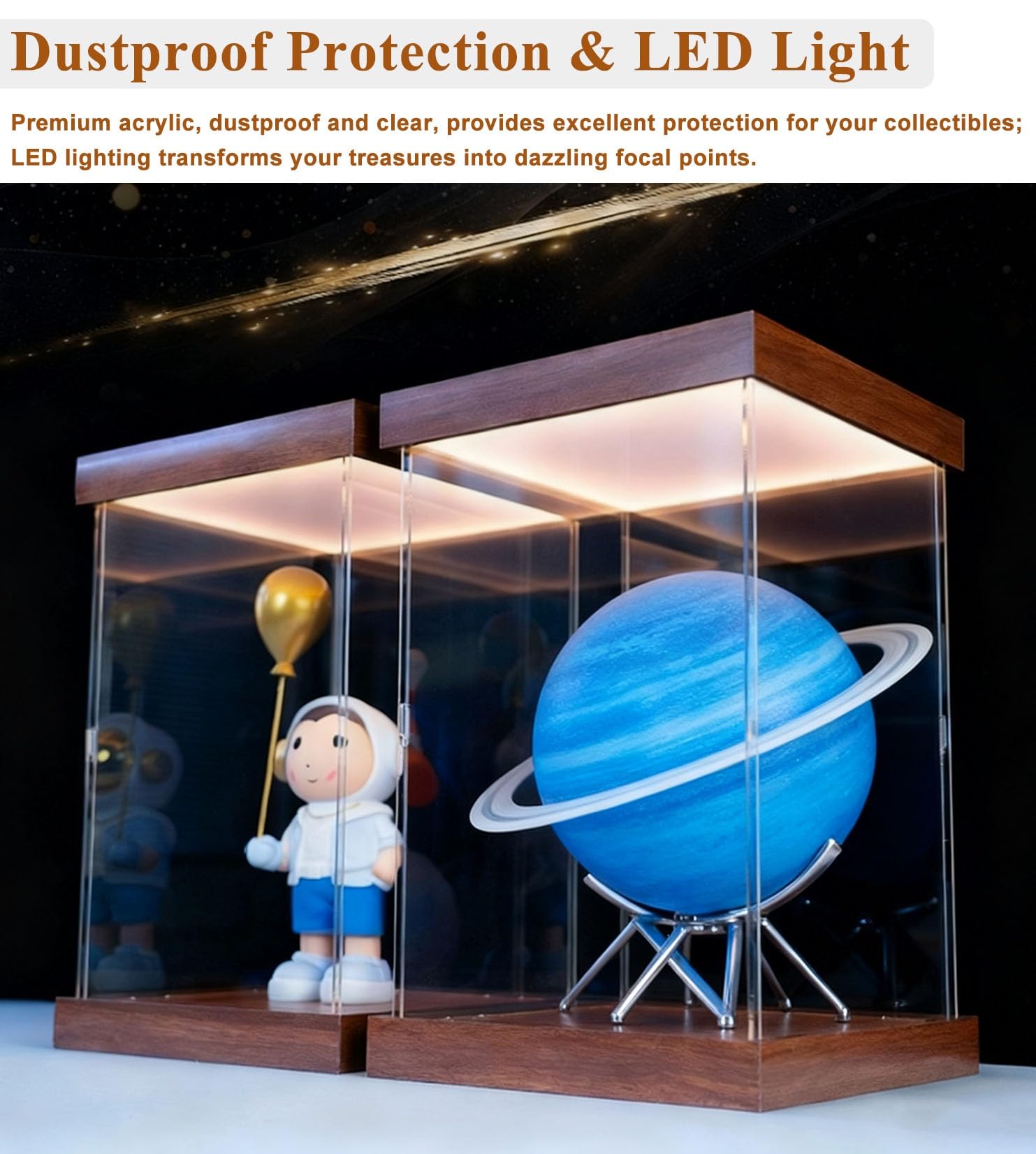 Vitrina Expositora Vitrina de Acrílico para Maquetas de Barcos | Caja Expositora Transparente Antipolvo, Vitrina de Acrílico con Base de Madera e Iluminación LED