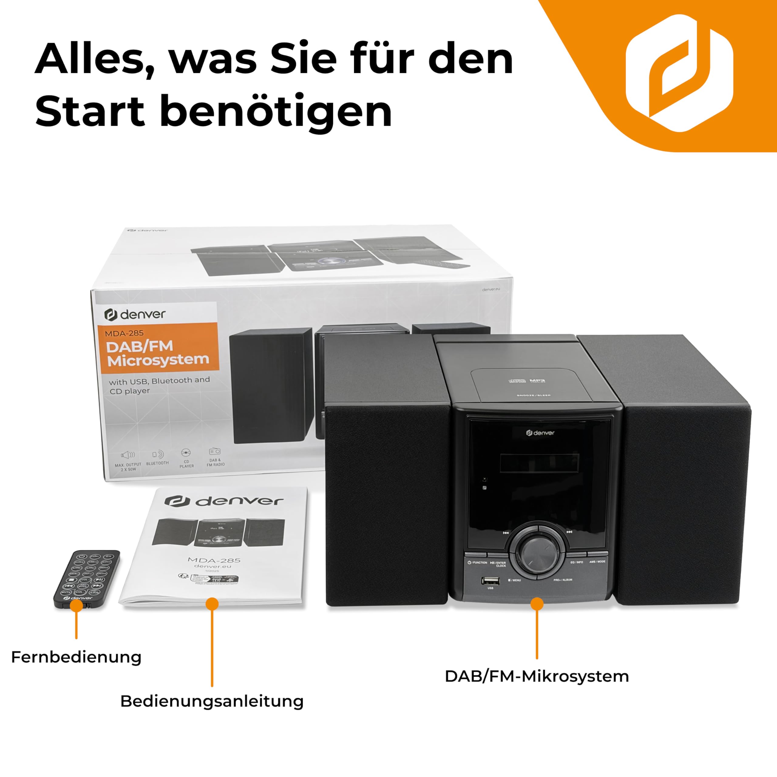 Denver MDA-285 Musiksystem – DAB+ & FM Radio mit CD-Player, Bluetooth & AUX, Echtholz-Gehäuse, 2 x 2W Stereo-Lautsprecher, Fernbedienung