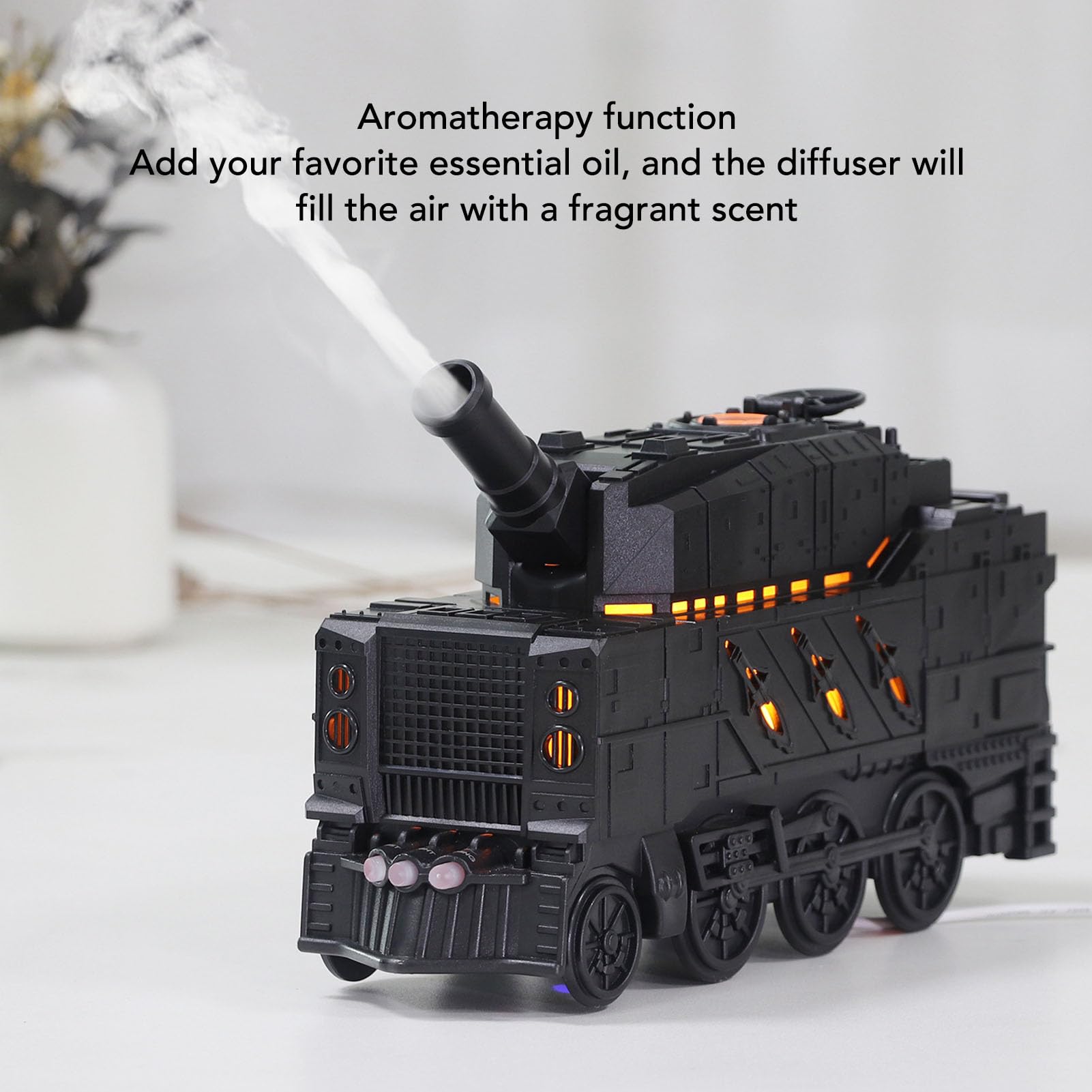 TOPINCN 300-ml-Diffusor für ätherische Öle in Tankform, Leiser Ultraschall-Aromatherapie-Luftbefeuchter mit Kühlem Nebel und 2- Bis 8-Stunden-Timer, Duftnebeldiffusor für den (Black)