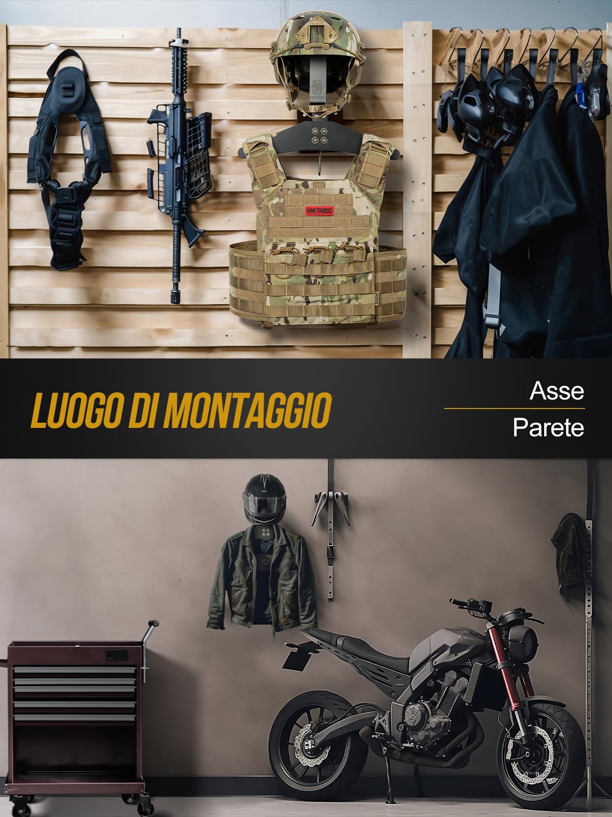 OneTigris Porta Casco Moto Muro per Gilet Tattico, Versatile e Compatto per Stoccaggio Esposizione di Caschi, Bicicletta, Ciclismo, Supporto per Piastra e Casco, Crochet per Veste e Accessori