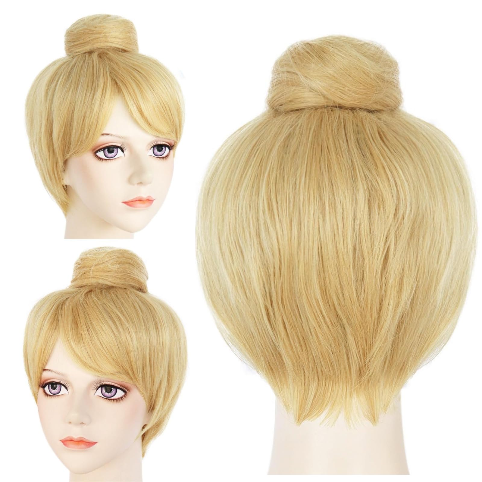 Peluca rubia + gorra de peluca, peluca corta y recta para mujer, peluca sintética para Halloween, peluca amarilla para película, cosplay, disfraz, peluca Rubia Amarilla princesa para niñas, fiesta de Navidad 5