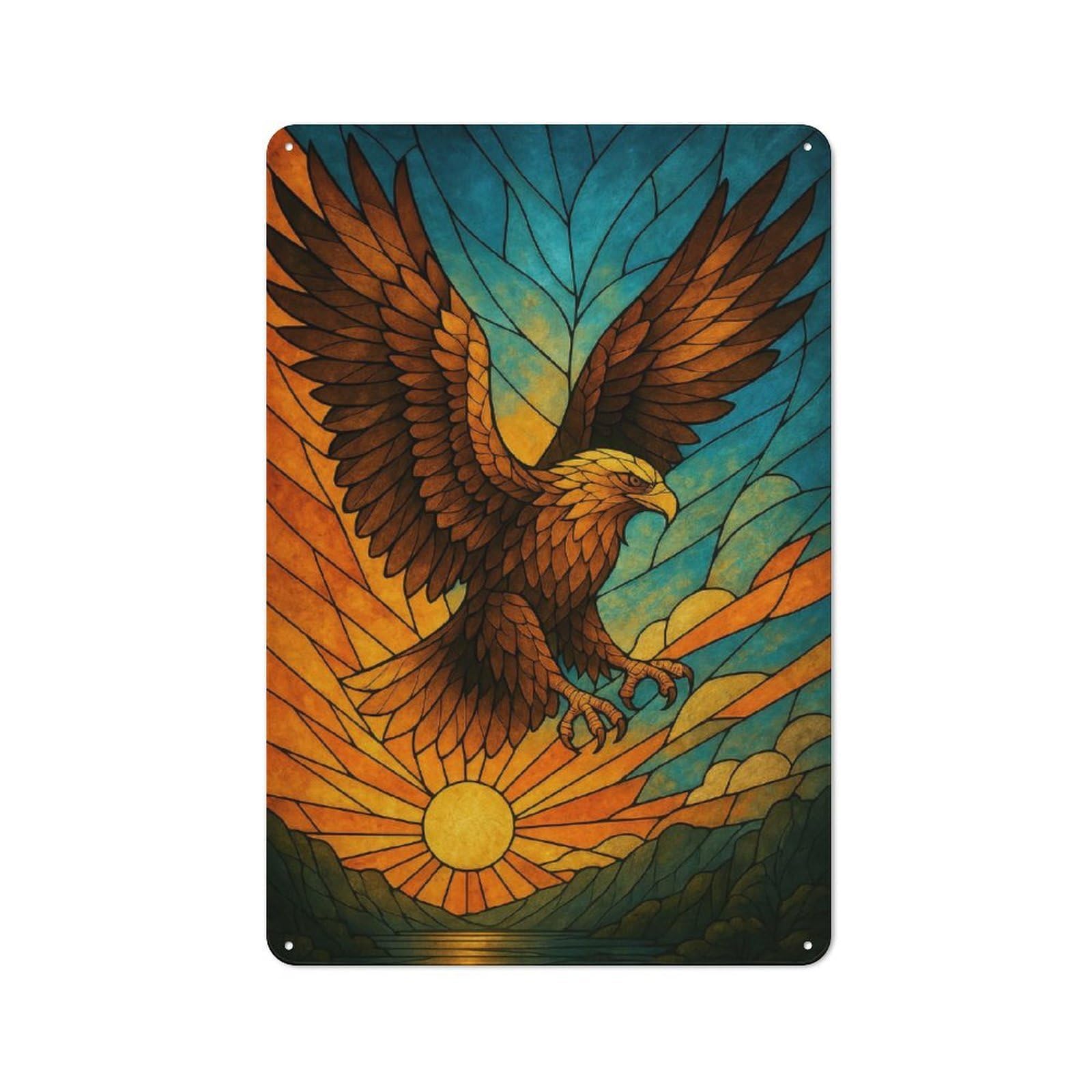 Junmoney Style-22 Vintage Tin Sign 30X20cm With Stained Glass Eagle Soaring At Sunset For Hobby Room Or Studio, A Decorative Christmas Gift For Hobby Room Decor Fans