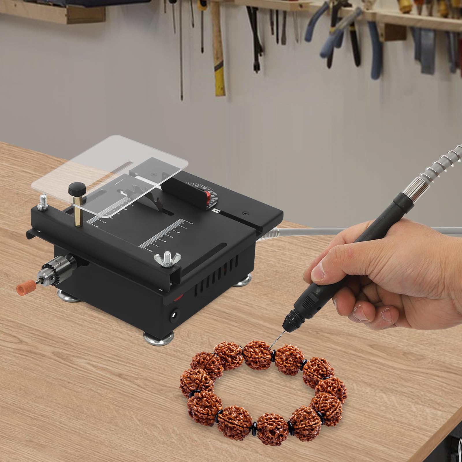 Mini sierra circular de mesa, 100 W, portátil, minisierra de mesa de precisión, DIY en miniatura, 7 velocidades ajustables con 8 cuchillas, pequeña sierra de mesa para manualidades, madera hecha a