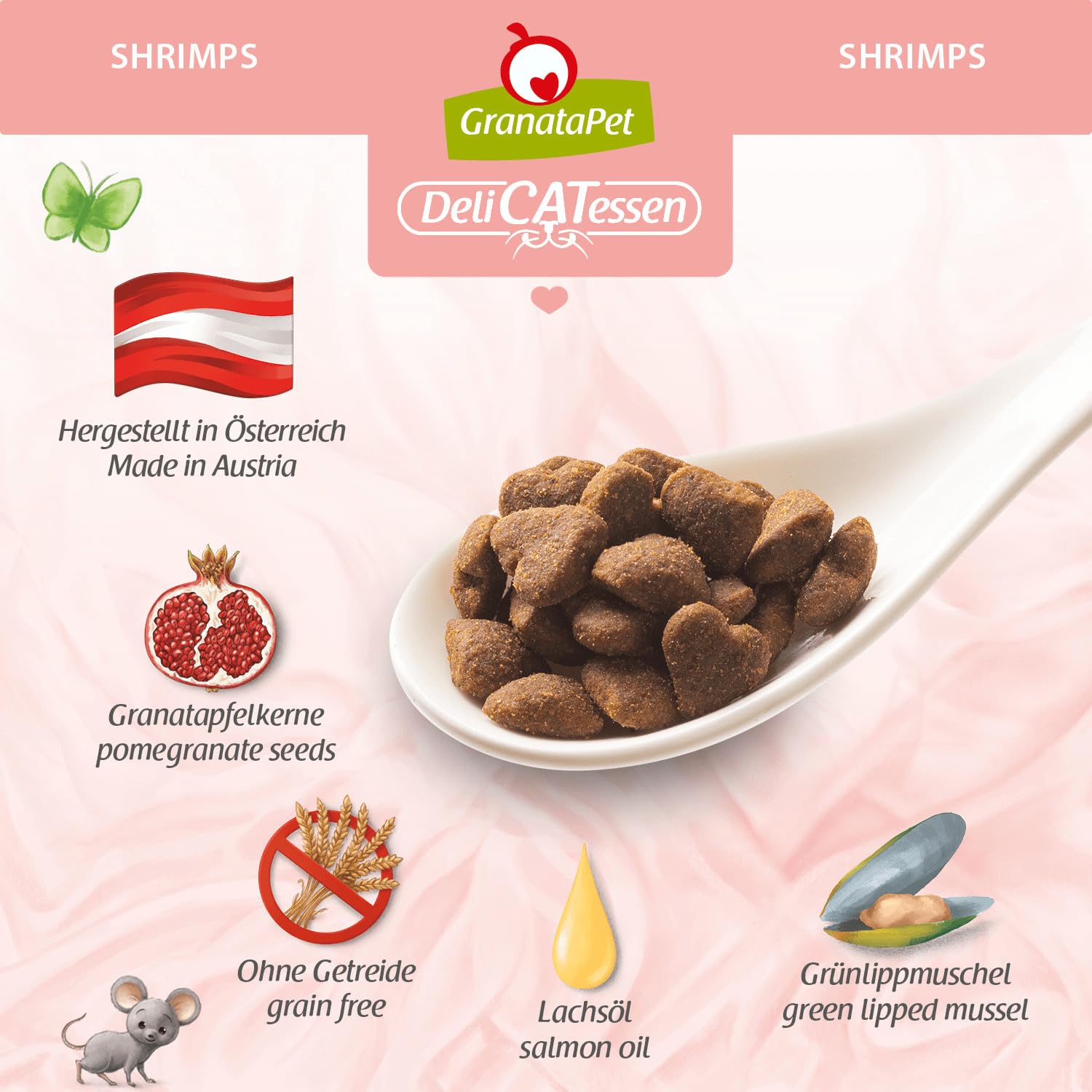 GranataPet DeliCatessen Shrimps Adult, sucha karma dla kotów, smaczna karma dla kotów, pełnoporcjowa karma bez zbóż i bez dodatków cukru, 1,8 kg
