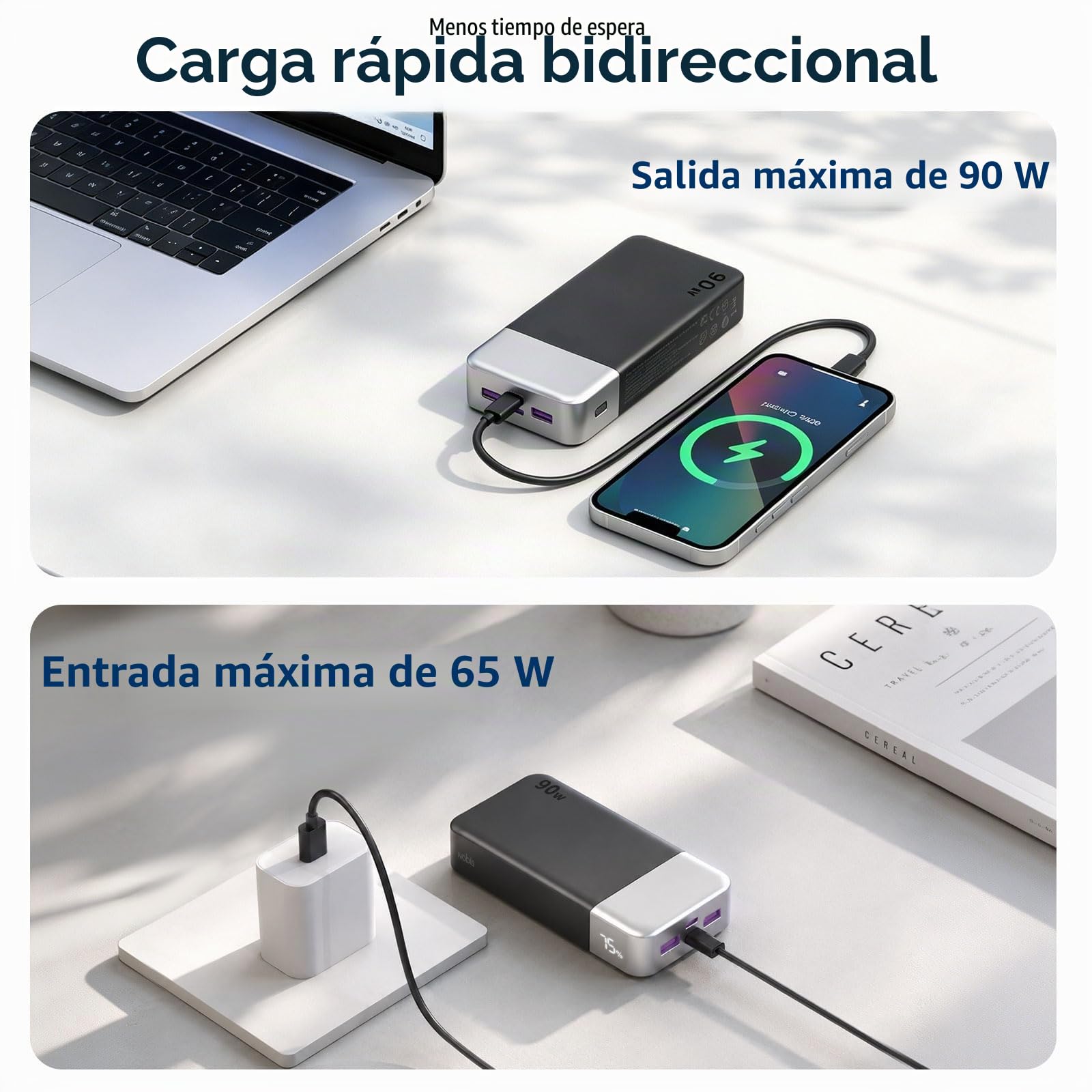 NOBIS Power Bank 20000mAh 90W Batería Externa Carga Rápida | Batería Portátil, 4 Puertos, PD, Pantalla Digital, Compatible con Portátiles, Tabletas, Teléfonos y Más Dispositivos