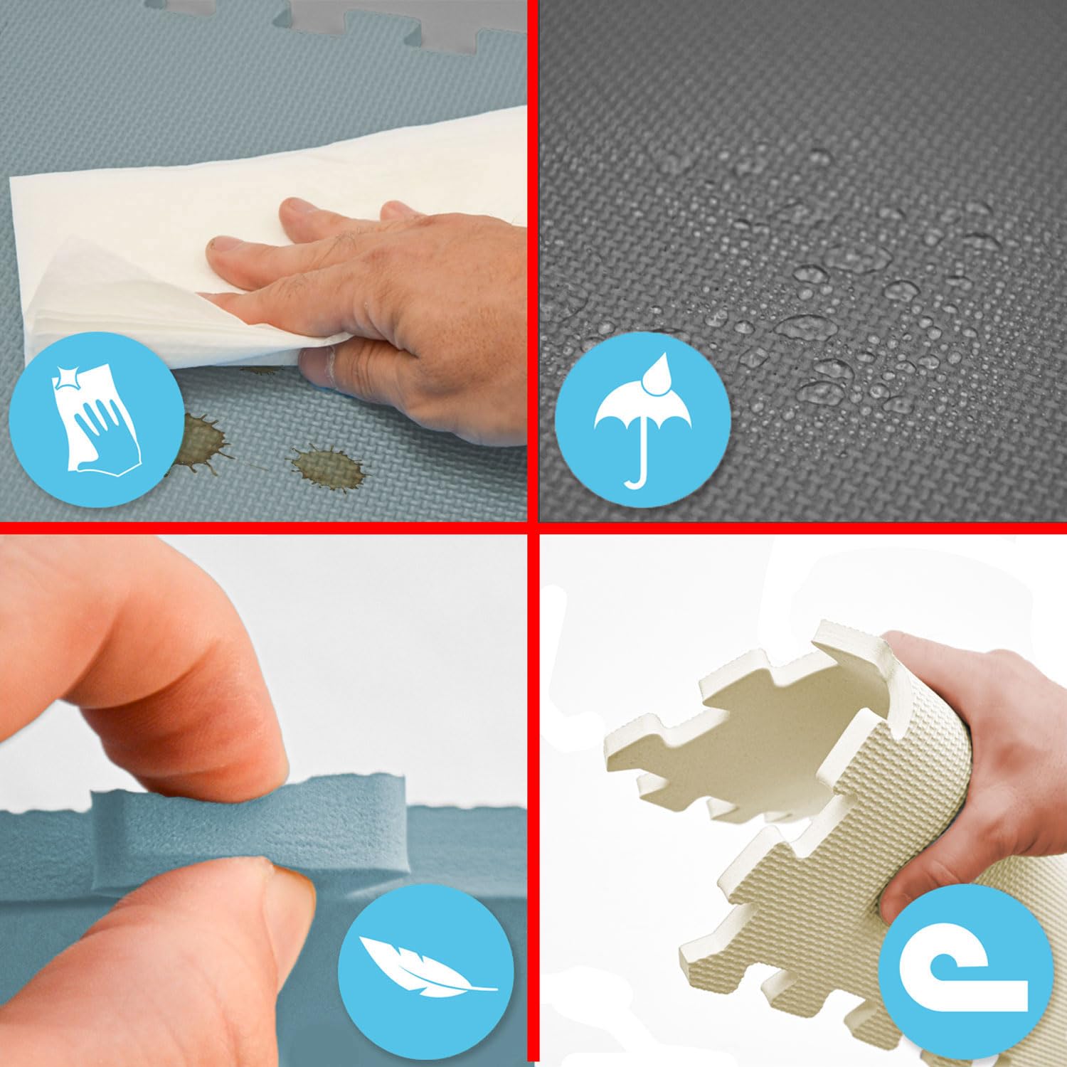 LittleTom Alfombra Puzzle Infantil Azul - 4 Piezas Encajables 50x50 cm - Colchoneta de Goma Espuma EVA 100x100 cm para Niños - Protector Suelo Acolchado sin BPA - Manta de Juegos Impermeable