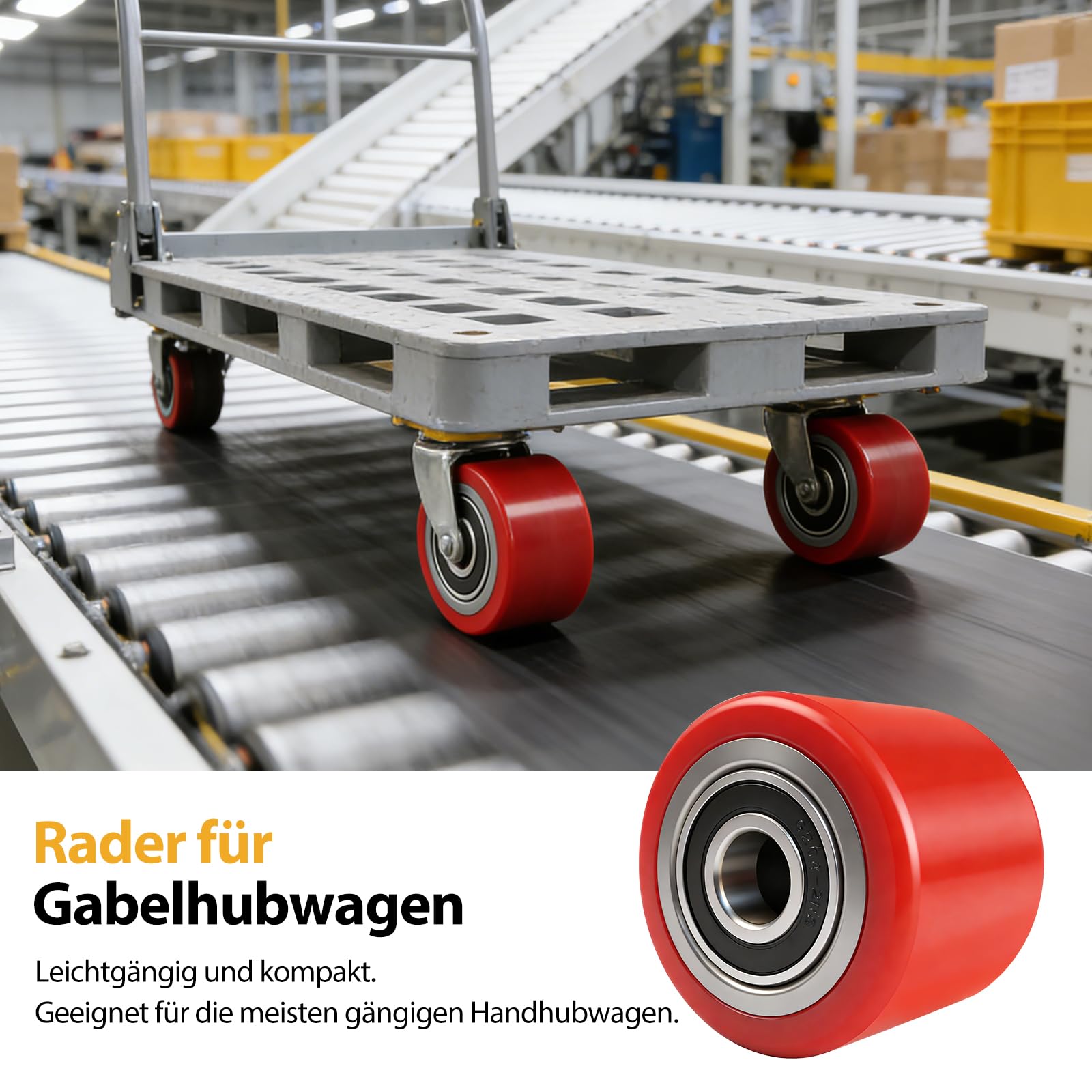 4 Stück Hubwagenrollen Polyurethan, 80 x 70mm Hubwagen Räder Gabelhubwagenrolle Lastrolle für Hubwagen Ersatzrolle, Achse 20 mm (4 Stück 80x70mm (Polyurethan))