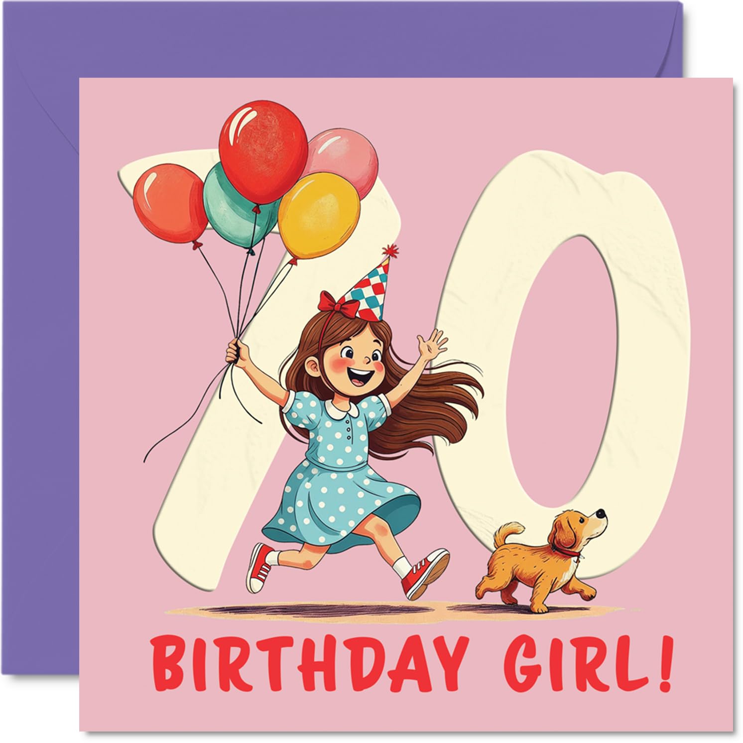 70th Birthday Cards for Women - Balloon Girl - Happy Birthday Card for 70 Year Old Woman Grandma Granny Nanny Auntie, 145mm Bday Greeting Cards