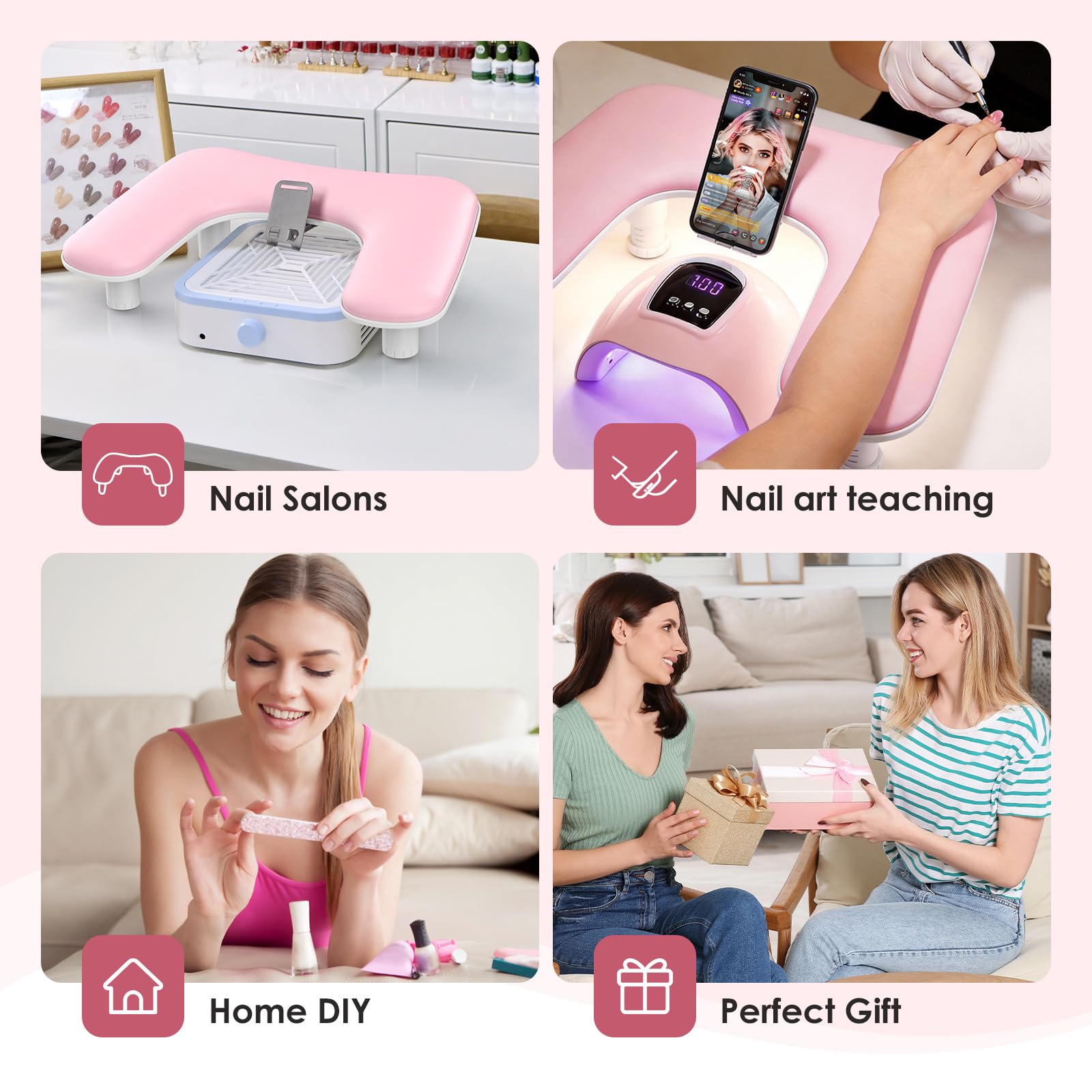Reposabrazos para uñas para la mano: cojín de mano ajustable con altura y soporte para teléfono giratorio de 360° – Reposabrazos para uñas de cuero PU rosa para uso en salón de uñas y en casa