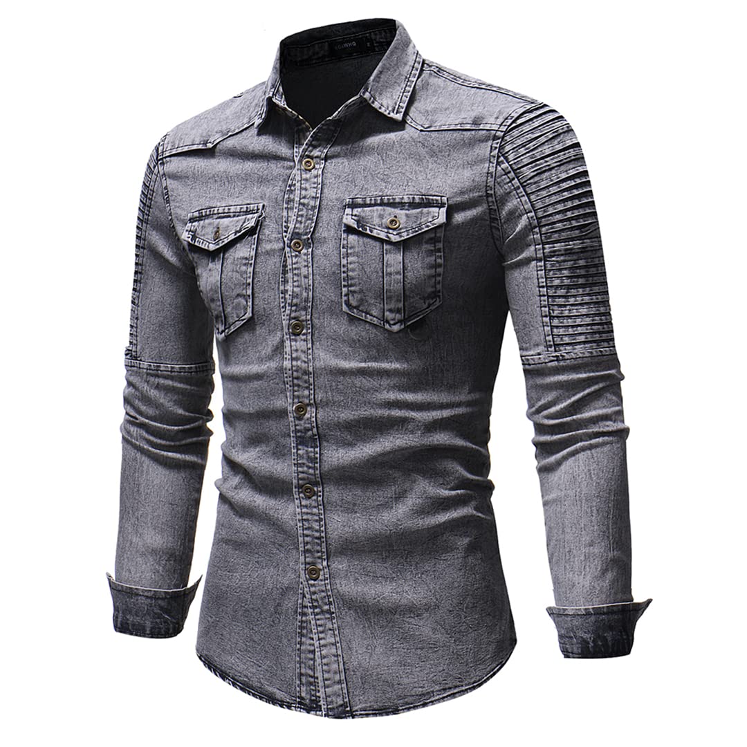 Camicia da lavoro casual da uomo in cotone a maniche lunghe con tasche frontali sul petto a due bottoni