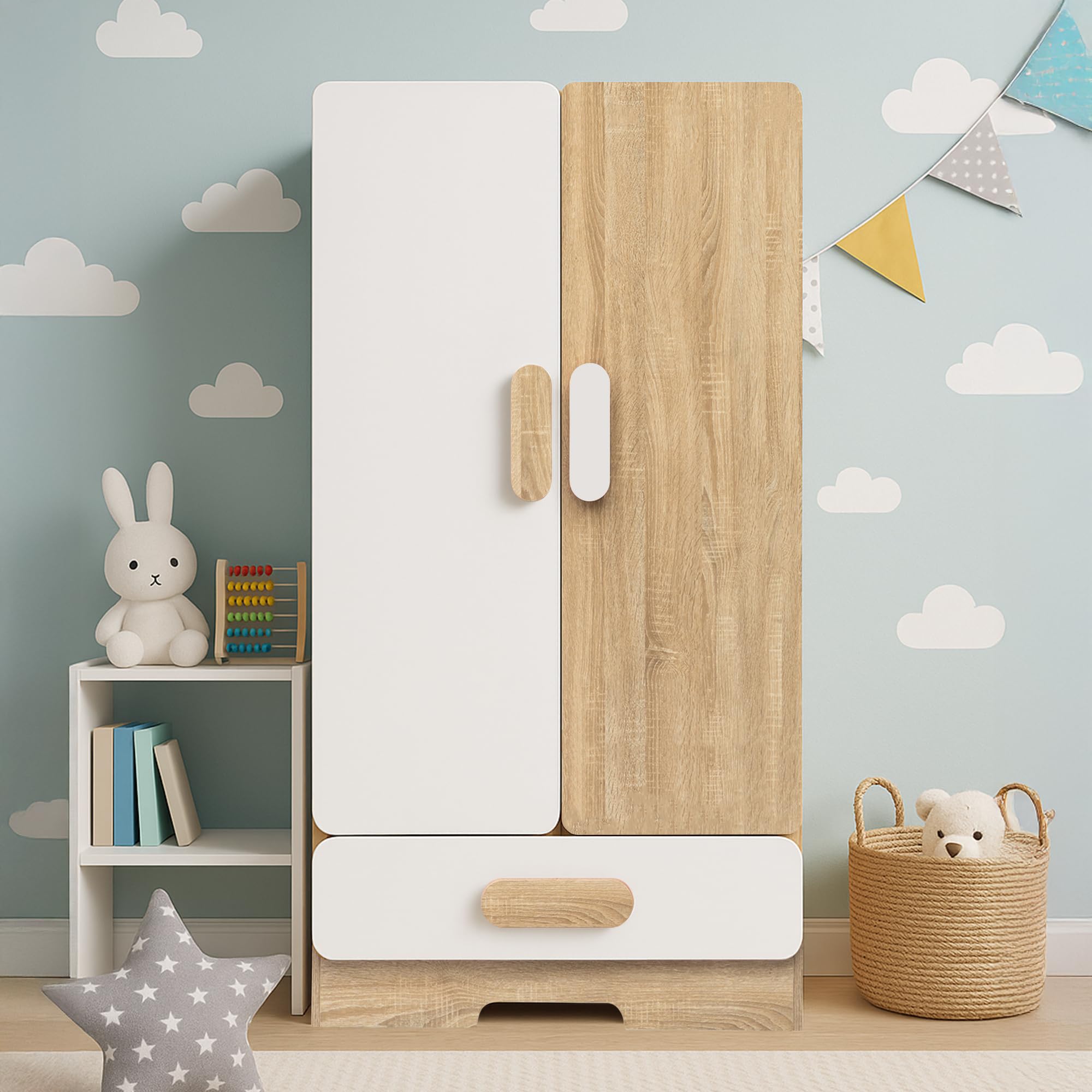 Alex Daisy Romania Kids 2 Door Wardrobe for 3-12 Years| Non-Toxic Safe Material | Soft Coated Premium Finish | Engineered Wood Kids Bedroom Storage Cupboard (White, Large)