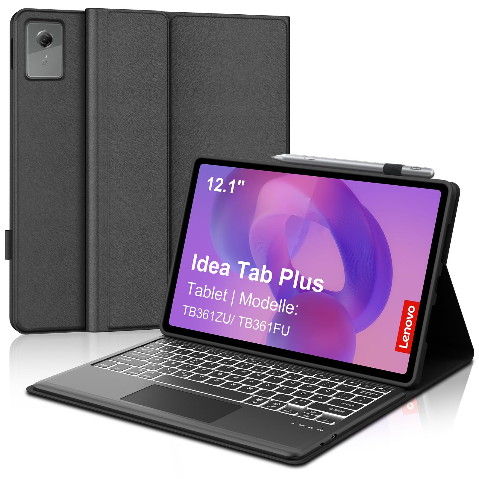 JADEMALL Für Idea Tab Plus 12,1 Hülle mit Touchpad & Beleuchtung QWERTZ | Für Lenovo Idea Tab Plus Tastatur - Mit 7-Farben Beleuchtung & Touchpad, Premium Schutzhülle mit Tastatur, Schwarz